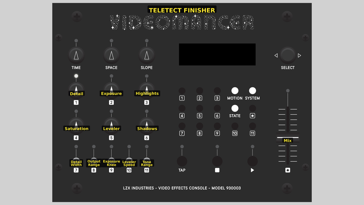 Videomancer front panel with Teletect Finisher loaded