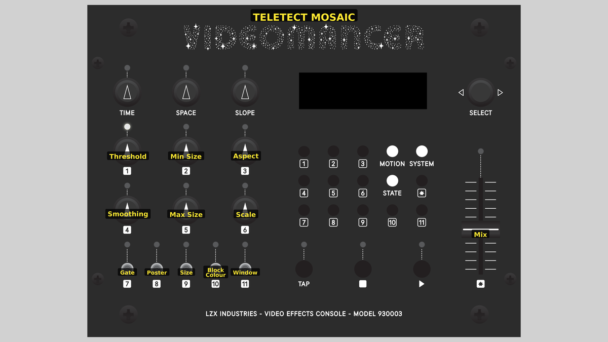 Videomancer front panel with Teletect Mosaic loaded