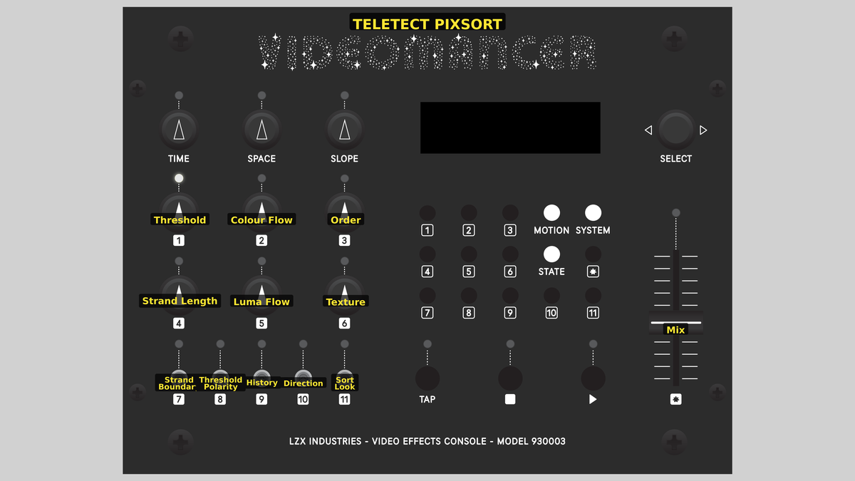 Videomancer front panel with Teletect PixSort loaded